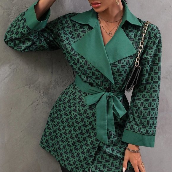 contemporary geo print green black belted mini trench coat minimalist - Picture 4 of 7